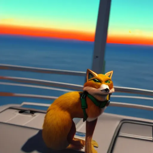 Image similar to high quality photo of star fox, fox mccloud, looking out at the ocean at sunset realism 8k award winning photo