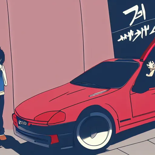 Image similar to closeup of a high definition anime guy with short dark blue hair and black streetwear clothing riding a dark red colored Hyundai Accent 1996 model with armenia quindio in the background, Initial D style, pixiv, 8k, official media, wallpaper, hd