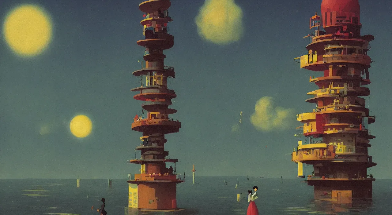 Image similar to single flooded simple cosmic tower!, very coherent and colorful high contrast!! masterpiece by rene magritte simon stalenhag carl spitzweg syd mead norman rockwell edward hopper james gilleard, minimalist, dark shadows, sunny day, hard lighting
