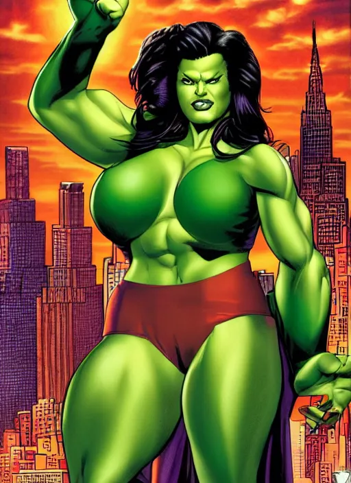 Image similar to a portrait of the she hulk in new york city by joe jusko, simone bianchi and alex ross dramatic lighting.