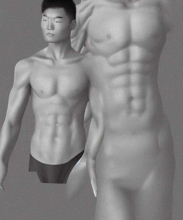 Image similar to a hybrid of asian man's body and victoria's secret white model's head, realistic