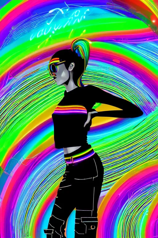 Image similar to a award winning half body portrait of a beautiful woman with stunning eyes in a croptop and cargo pants with rainbow colored hair, routlined by whirling illuminated neon lines, fine rainbow colored lines swirling in circles, outrun, vaporware, shaded flat illustration, halftone, digital art, trending on artstation, highly detailed, fine detail, intricate