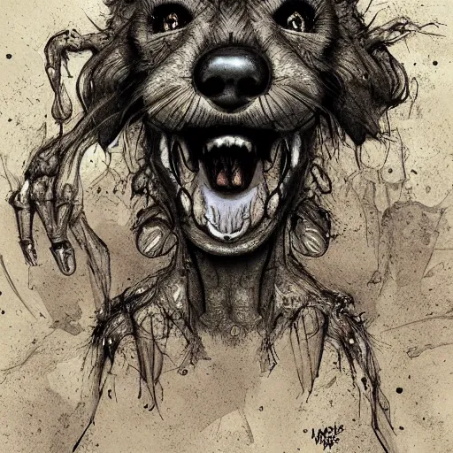 Image similar to grunge cartoon sketch of a dog snake mix with a wide smile by - michael karcz, loony toons style, horror theme, detailed, elegant, intricate