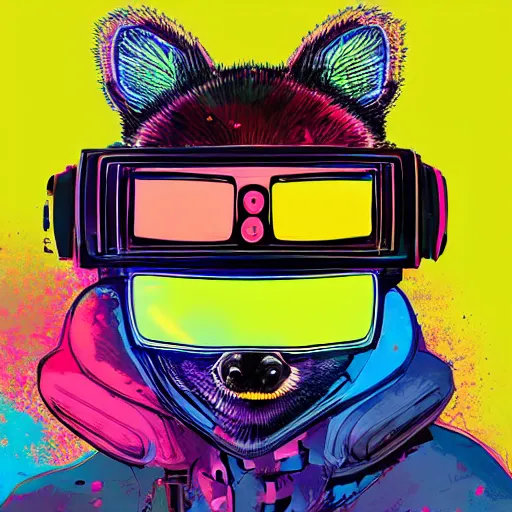 Image similar to illustration of cyberpunk raccoon in vr helmet, colorful splatters, by andy warhol and by zac retz and by kezie demessance