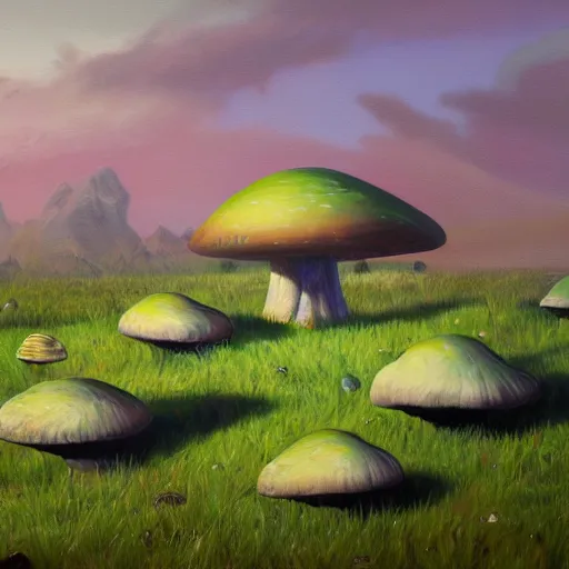 Image similar to alien landscape, oil painting, giant mushrooms, 4k, trending on artstation