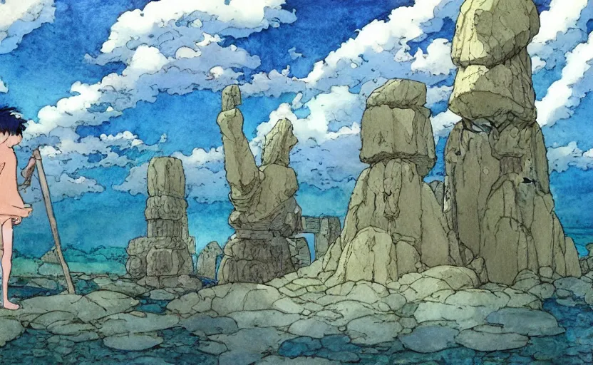 Prompt: a hyperrealist studio ghibli watercolor fantasy concept art. in the foreground is a giant monk in a grey robe lifting a stone. in the background is stonehenge. the scene is underwater on the sea floor. by rebecca guay, michael kaluta, charles vess