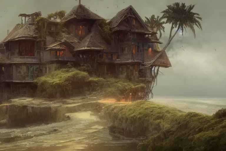 Image similar to a profoundly exotic home sitting amongst a rabid landscape weeping with sorrows and anxiety, overlooking a lively beach, digital painting by greg rutkowski and gaston bussiere, cgsociety contest winner, heavily overcast sky, dimly sad atmosphere, intricately defined, zbrush, comprehensive art, 4 k