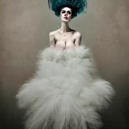 Image similar to portrait of a cute bride of frankenstein with soft pink and white cotton fluffy balls floating in image, fashion photography, highly detailed, digital photography by jheronimus bosch and james jean and james rutkowski