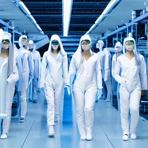 Image similar to troop of females of varying heights and body shapes in formation, white hair, tight light blue neopren suits, in rows, futuristic chemistry lab, sci - fi, highly detailed, cinematic