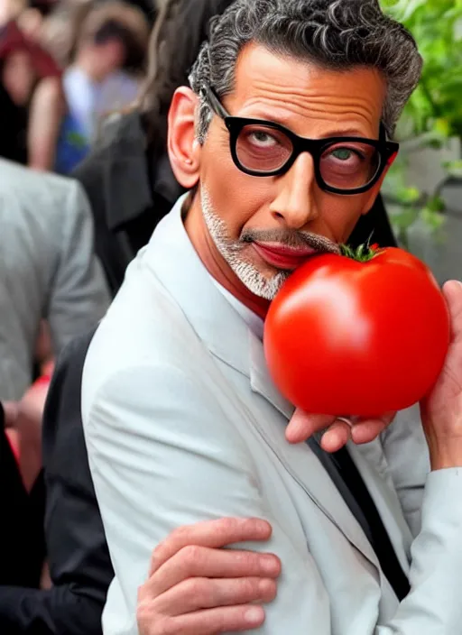 Prompt: jeff goldblum dressed as a tomato