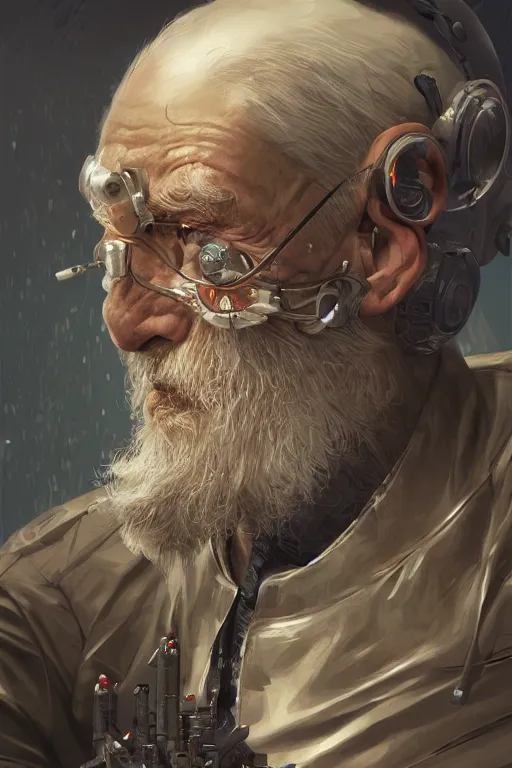 Image similar to ultrarealistic illustration old man cyborg, cyberpunk, sci - fi fantasy, intricate, elegant, highly detailed, digital painting, artstation, concept art