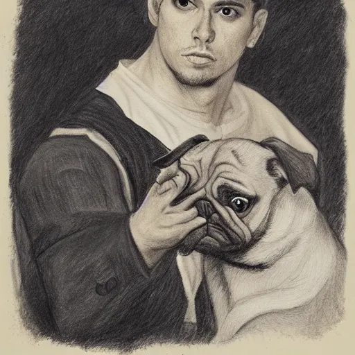 Image similar to self portrait, young white hispanic handsome man with short light brown hair and light skin and a 5 o clock shadow, holding a pug for a picture, fighting against 2 swordsmen pencil art, added detail, high definiton, colored, backfacing, illustrated by raphael