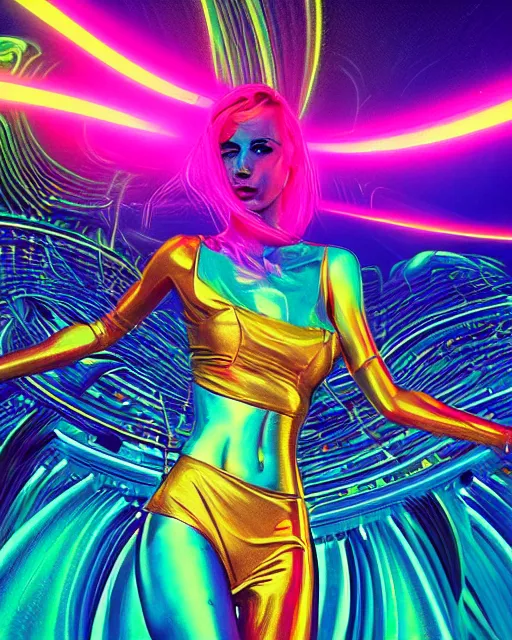 Image similar to a powerful energy psychedelic neon woman, by alexander fedosav, hyper detailed digital matte painting, concept art, hyperrealism, 1 6 k resolution, cinema 4 d, 8 k resolution, trending on artstation, behance hd, a masterpiece, by stephan martiniere, particles, cel - shaded, power bright neon energy, by david a. hardy,