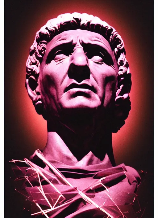 Image similar to elegant dark design poster showing a statue of julius caesar, black background with very subtle red and purple design elements, powerful, nekro, vito acconci, thin straight purple lines, dark, glitch art, neo vaporwave, gritty, layout frame, square, trending on artstation