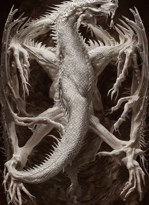 Prompt: portrait of a white dragon with translucent skin, visible muscles and veins and arteries and bones and spines and nerves, beautiful detailed intricate insanely detailed octane render, 8k artistic photography, photorealistic, chiaroscuro, by David Cronenberg, Raphael, Caravaggio