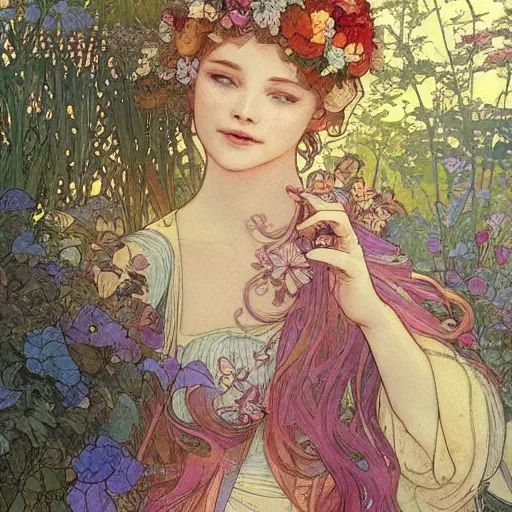 Image similar to a beautiful intricate watercolor illustration of a princess in a garden with flowers, leaves, 4 k, ultra - wide angle, by william turner, by victo ngai, by alphonse mucha, by moebius, by gustave dore, hd, trending on artstation, hyper detailed, muted intense colors