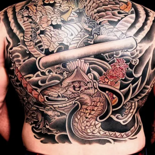 Image similar to yakuza back tattoo. ap photo. studio lighting, even composition, professional camera