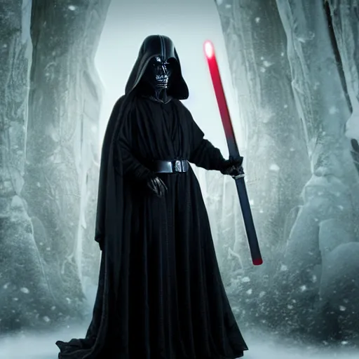 Image similar to a film still of snow white as a sith lord wearing black attire realistic, detailed