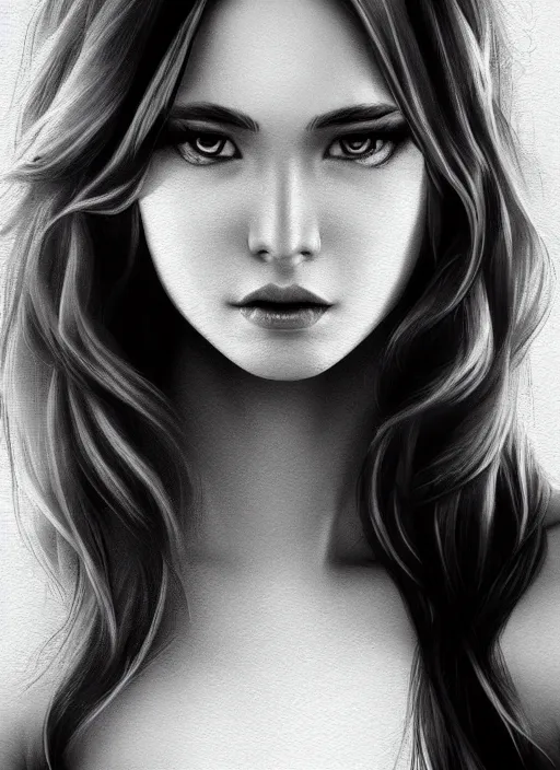 Image similar to full body portrait of a beautiful young woman in black and white, photorealistic, hair down to waist, sharp focus, in the style of Kevin Kostic, Stephen Lau and artgerm, hyper sharp focus, 8k highly detailed