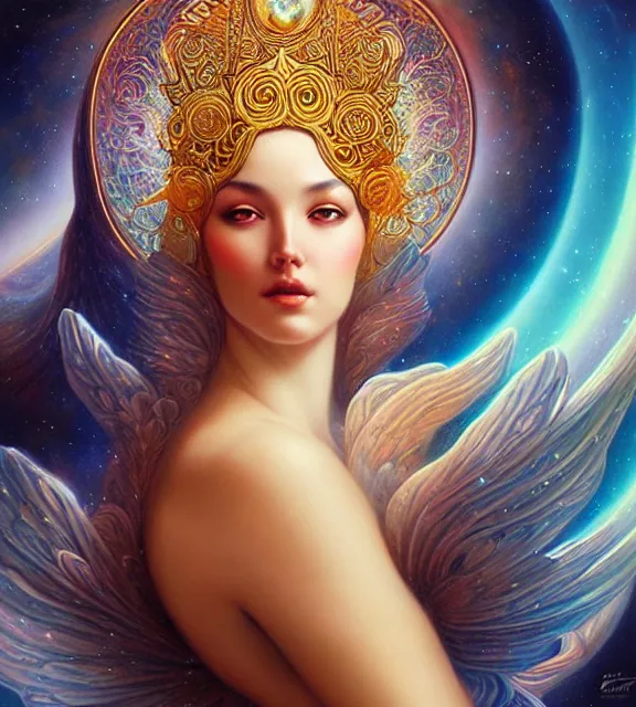 Image similar to goddess of the cosmos, astral goddess, digital art by artgerm and karol bak
