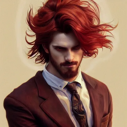 Image similar to portrait of a wolf, male, handsome, masculine, full body, red hair, long hair, soft hair, fantasy, intricate, elegant, highly detailed, suit, coffee shop, digital painting, artstation, concept art, character art, smooth, sharp focus, illustration, art by artgerm and greg rutkowski and alphonse mucha