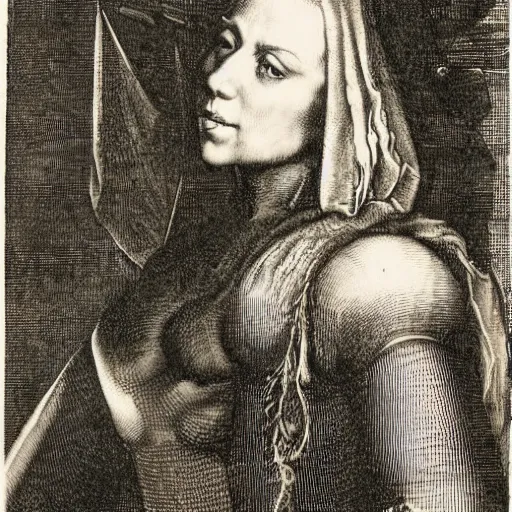 Prompt: engraving of a portrait of futuristic clothed scarlet johansson by albrecht durer