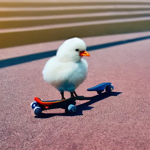 Image similar to fluffy chick riding mini skateboard, photorealistic