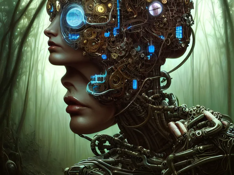 Image similar to portrait shot of a cyberpunk robot woman, in a forest, intricate, elegant, highly detailed, centered, digital painting, artstation, concept art, smooth, sharp focus, illustration, artgerm, tomasz alen kopera, peter mohrbacher, donato giancola, joseph christian leyendecker, wlop, boris vallejo