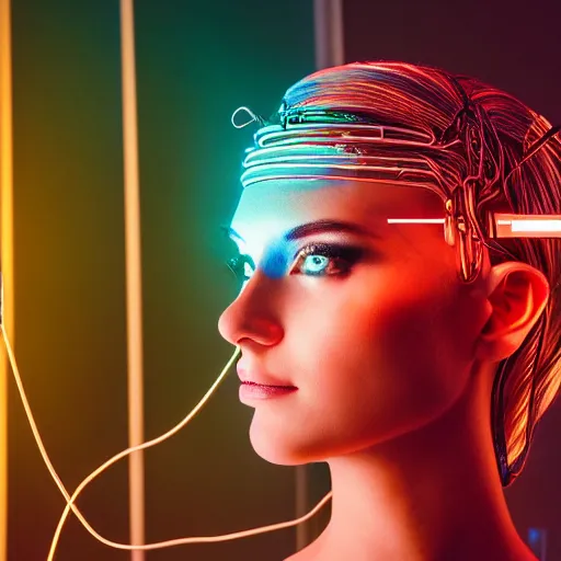 Prompt: A beautiful blonde model who is half of a robot with wires coming out of her head, Cyberpunk, neon, 60s, Sony a7R IV, symmetric balance, polarizing filter, Photolab, Lightroom, 4K, Dolby Vision, Photography Award