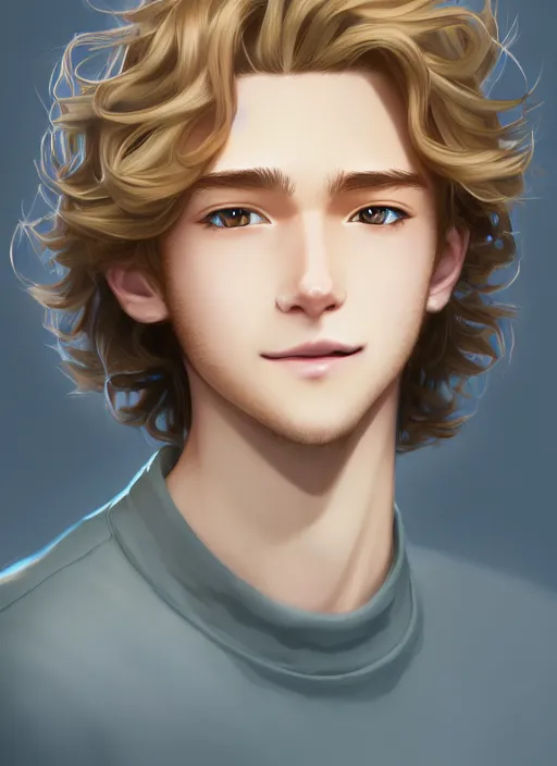 Prompt: young man with medium - length, curly, golden hair, perfectly proportioned face, aquamarine eyes, smile, natural lighting, path traced, highly detailed, high quality, cartoon, digital painting, by new haicheng and studio ghibli