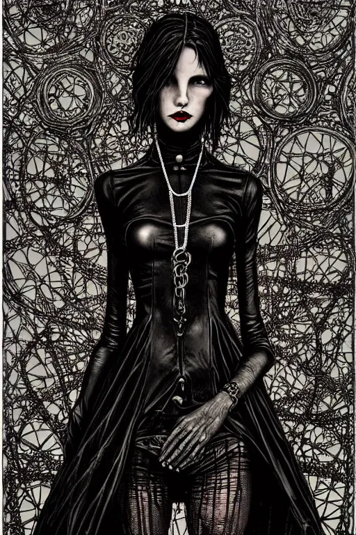 Image similar to dreamy gothic girl, black leather slim clothes, chains and metal parts, detailed acrylic, grunge, intricate complexity, by dan mumford and by alberto giacometti, peter lindbergh