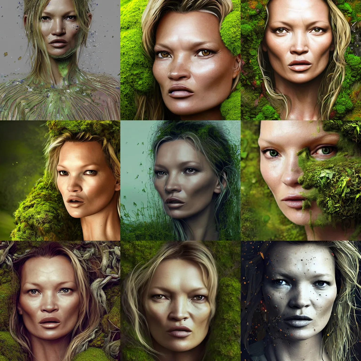 Prompt: portrait isometric drawing, close-up on kate moss in a mossy garden costume, moss on her face and her skin, hairs covered in moss, intricate, epic lighting, cinematic composition, hyper realistic, 8k resolution, unreal engine 5, by Artgerm, tooth wu, dan mumford, beeple, wlop, rossdraws, James Jean, Andrei Riabovitchev, Marc Simonetti, yoshitaka Amano, Artstation