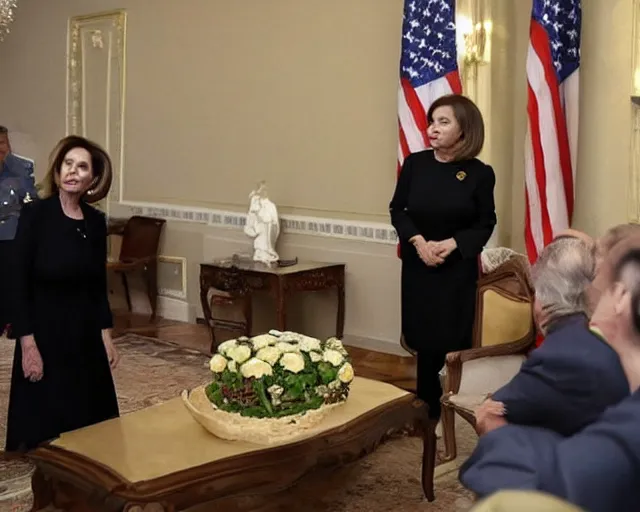 Prompt: nancy pelosi looks at natalya poklonskaya, nancy and natalya are in the bishkek center