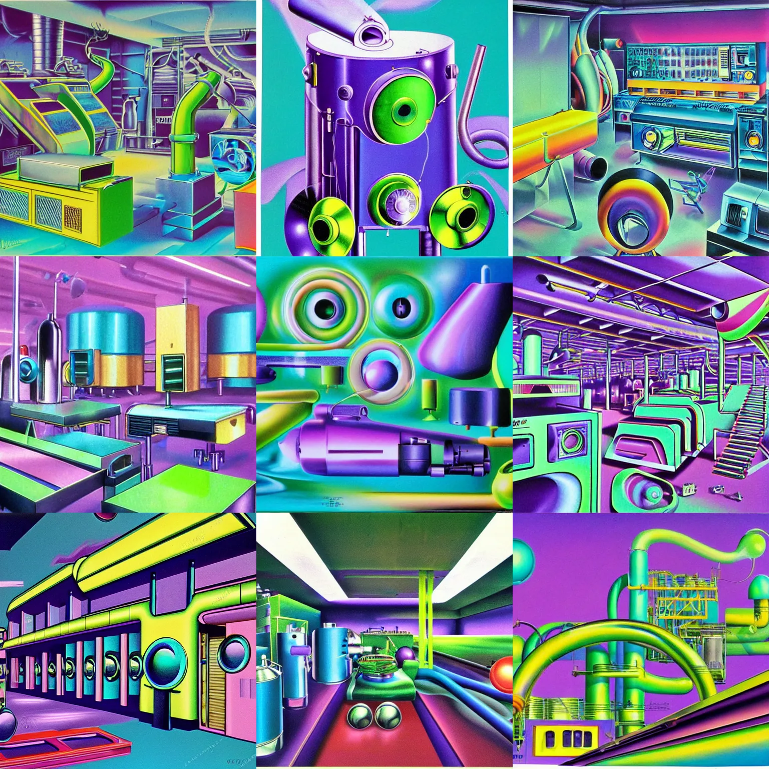 Prompt: clean 1980s airbrush art a surreal factory filled with colorful objects and shapes, green blue and purple color scheme