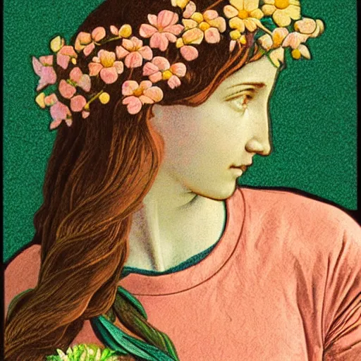 Prompt: close - up of a girl morphing in flowers, film still by wes anderson, depicted by leon battista alberti, limited color palette, very intricate, art nouveau, highly detailed, lights by hopper, soft pastel colors, minimalist