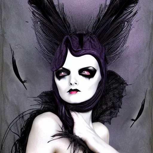 Image similar to portrait soft light, goth woman as mysterious supervillain and and black veil and modestly clothed victorian goth, black feathers instead of hair, black wings instead of arms, gray mottled skin, black feathers growing out of skin, transforming, by tim burton and brian froud, inspired by flash gordon, paintbrush, rough paper, fine,