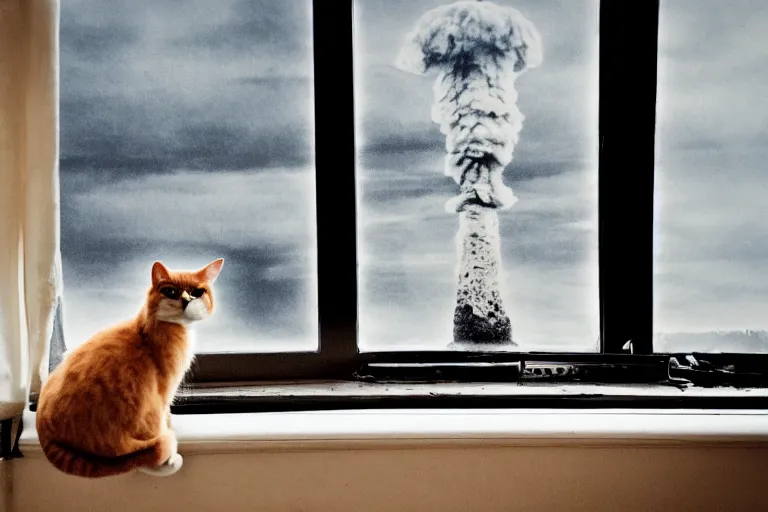 Image similar to cat sitting on the windowsill wrapped in a plaid plaid, Mushroom cloud far behind