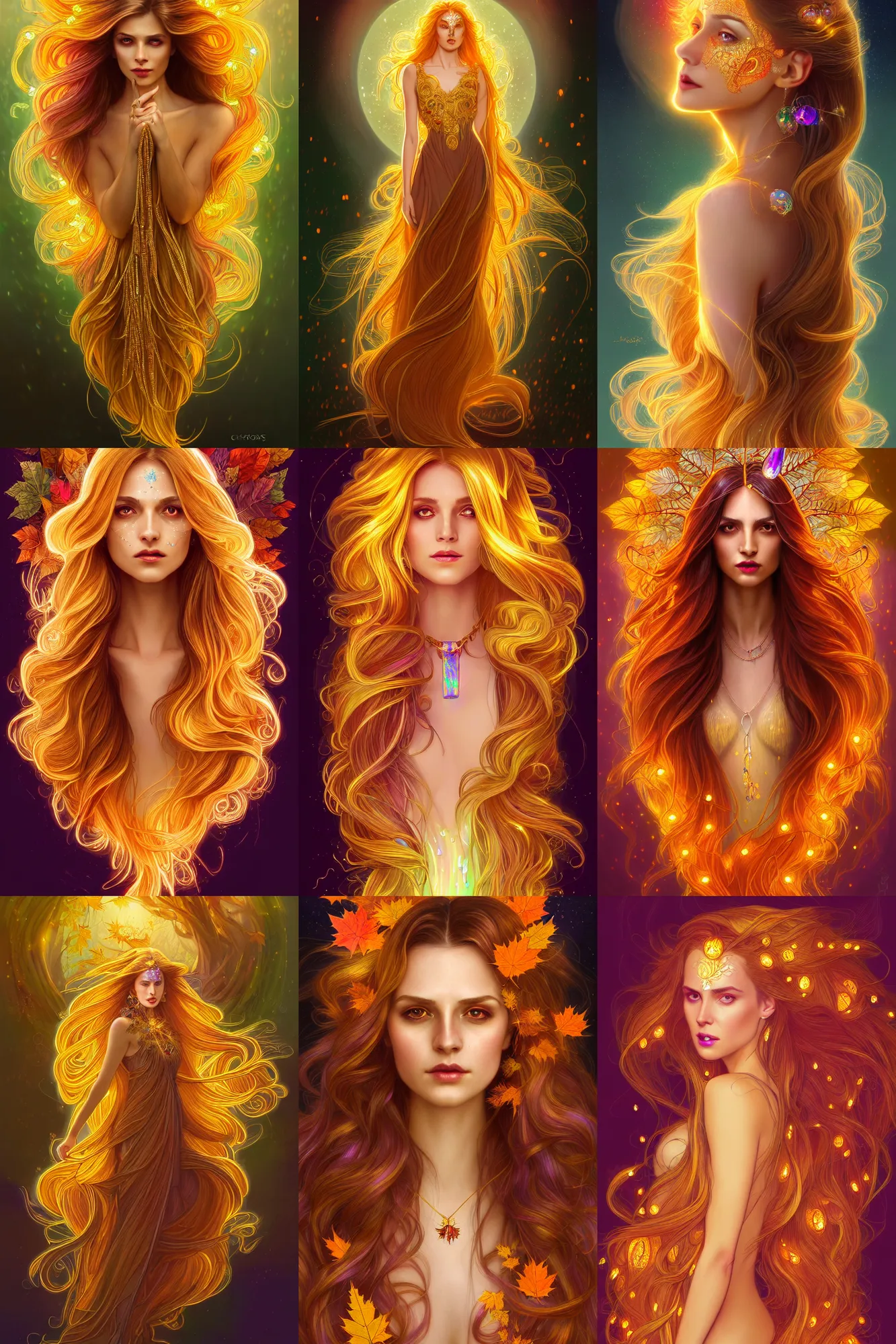 Prompt: illustration of a woman with long hair, iridescent and golden, refractive crystal jewelry, halloween, autumn, fall colors, leaves, hyper detailed, character concept, dynamic pose, glowing lights, intricate, elegant, highly detailed, digital painting, artstation, concept art, smooth, sharp focus, illustration, art by chris sanders and greg rutkowski and alphonse mucha