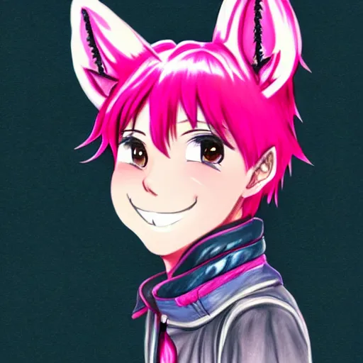Image similar to a highly detailed portrait drawing of a cute anime teen boy with pink hair and pink wolf ears, smiling, collar, artstation, fantasy