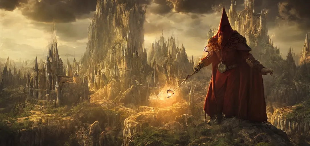 Image similar to a wizard conjuring an epic magical kingdom, highly detailed, realistic, unreal engine, rendered in octane, comic book art, handsome, volumetric lighting, cinematic composition