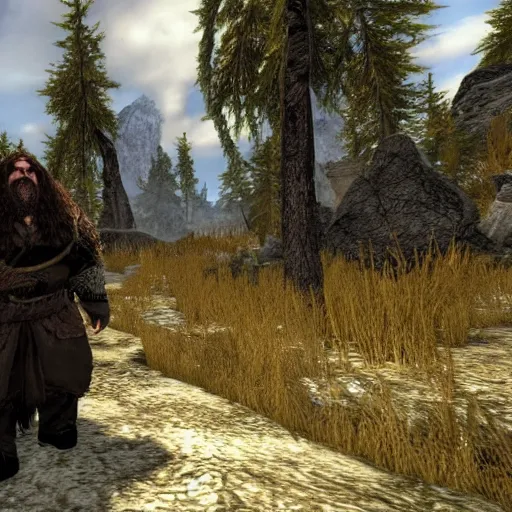 Prompt: Hagrid in the world of Skyrim in Playstation 1 graphics