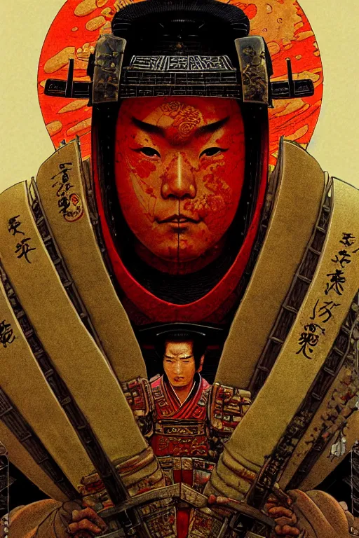 Image similar to japanese shogun, character portrait, portrait, close up, concept art, intricate details, highly detailed, blood moon background, soft light, vintage sci - fi poster, in the style of chris foss, rodger dean, moebius, michael whelan, and gustave dore
