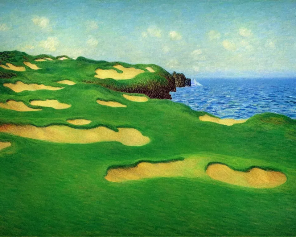 Prompt: achingly beautiful painting of the 1 3 th at pacific dunes by rene magritte, monet, and turner.