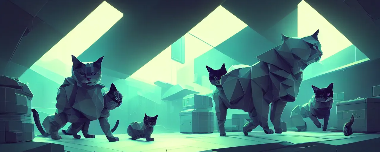 Image similar to duotone noir scifi concept illustration of lowpoly cats inside box floating zero gravity glowing 3 d mesh portals futuristic, glowing eyes, octane render, surreal atmosphere, volumetric lighting. accidental renaissance. by sachin teng and sergey kolesov and ruan jia and heng z. graffiti art, scifi, fantasy, hyper detailed. trending on artstation