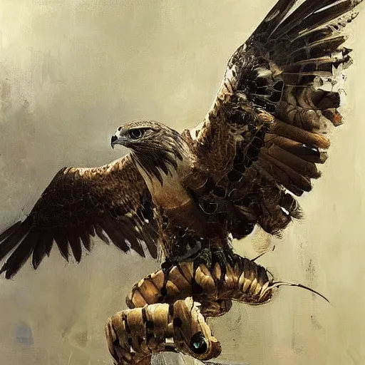 Image similar to hawk morphed with rattlesnake, half hawk half rattlesnake, highly detailed jeremy mann painting