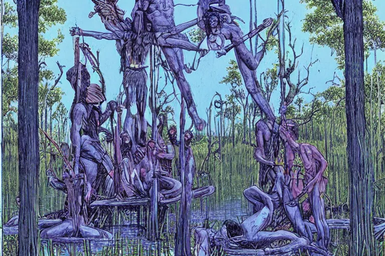 Image similar to scene from louisiana swamps, secret voodoo cult, crucifixion on a tree, artwork by jean giraud