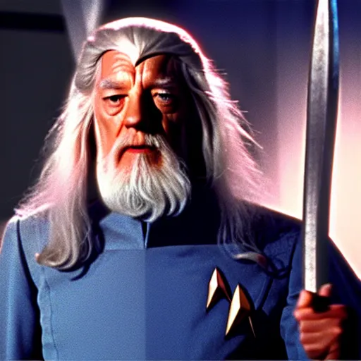 Prompt: A still of Gandalf as Captain Kirk on Star Trek, sharp focus, high quality, 4k