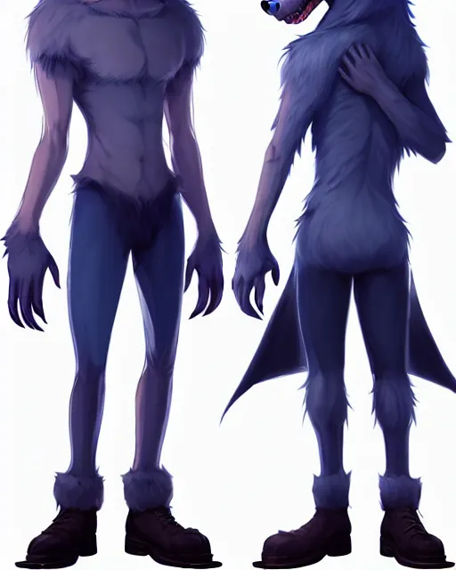 Image similar to character concept art, cute adult male anthropomorphic furry, cute fine face, darkblue werewolf, pants, pretty face, key visual, long human lightblue hair, realistic shaded furry face, fine details by stanley artgerm lau, wlop, rossdraws, james jean, andrei riabovitchev, marc simonetti, and sakimichan