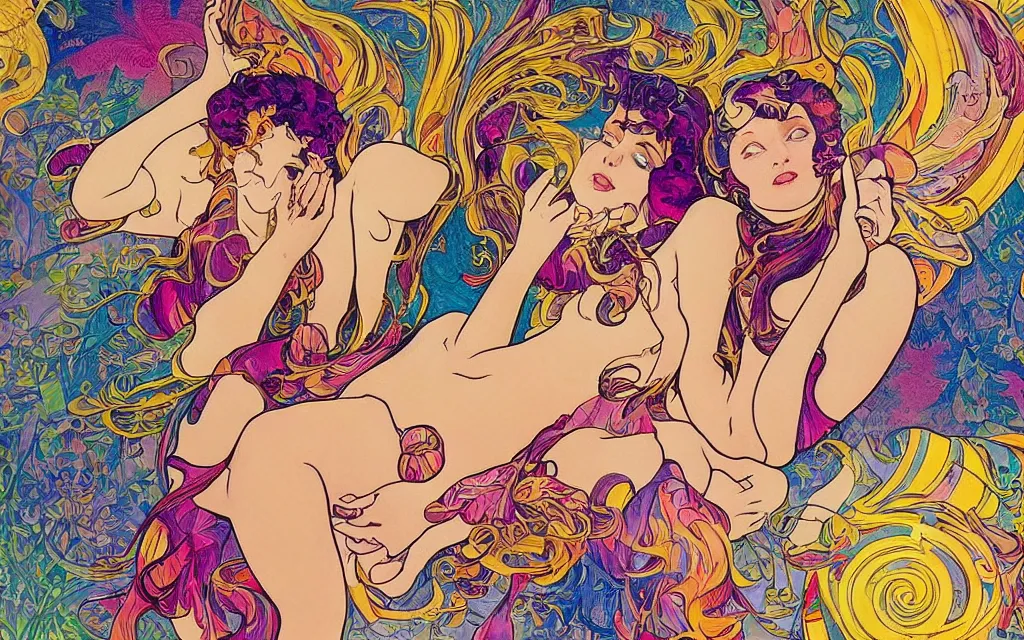 Prompt: i dream a dirty dream of you baby you're crawling on the bathroom floor in the style of lisa frank and alfons mucha