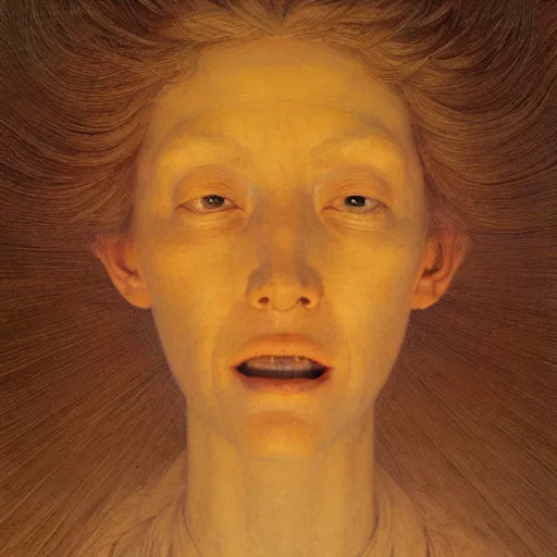 Prompt: Woman masterpiece, open mouth, golden halo behind her head, by Edgar Maxence and Ross Tran, Zdzisław Beksiński, and Michael Whelan, distant, gustav dore, H.R. Giger, 8k, octane render